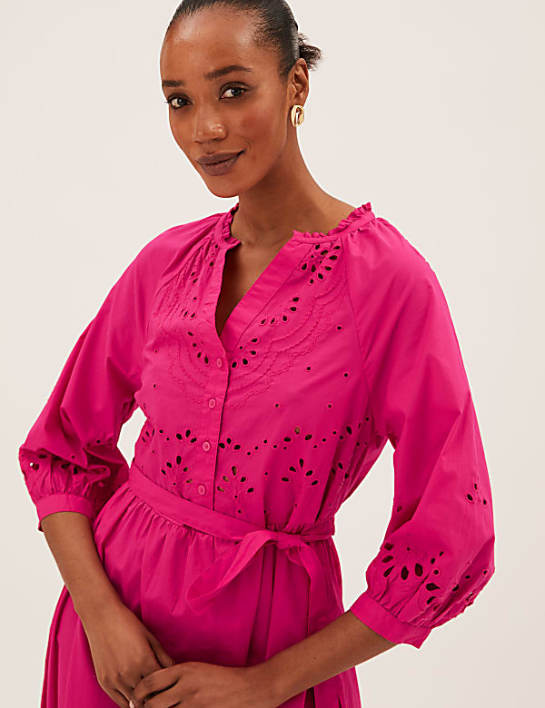 Pure Cotton Embroidered V-Neck Midi Dress