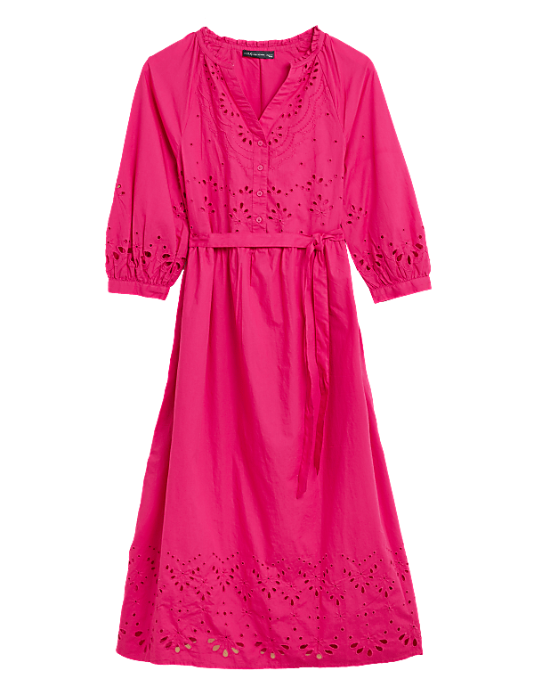 Pure Cotton Embroidered V-Neck Midi Dress