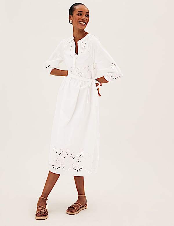 Pure Cotton Embroidered V-Neck Midi Dress