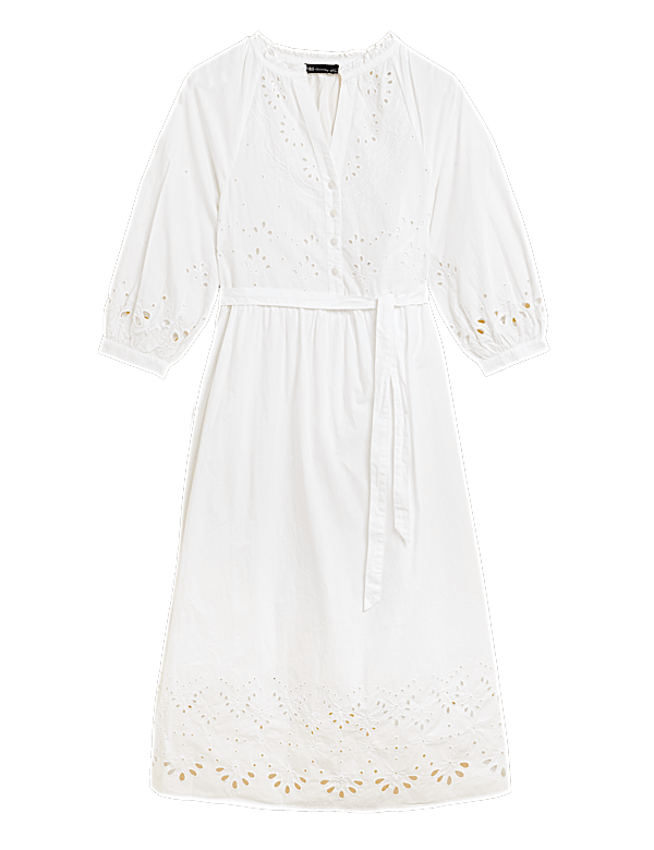 Pure Cotton Embroidered V-Neck Midi Dress