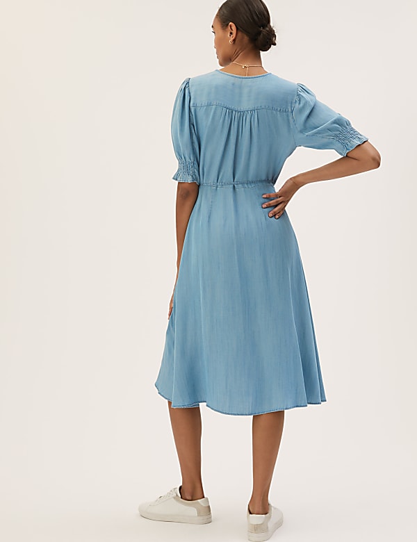 Tencel™ Denim V-Neck Midi Wrap Dress