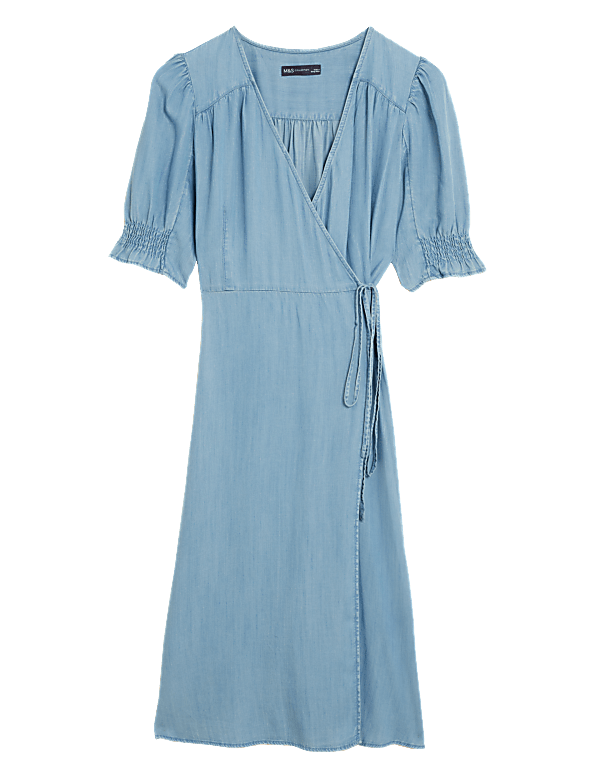Tencel™ Denim V-Neck Midi Wrap Dress