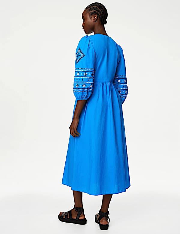 Pure Cotton Embroidered V-Neck Midi Dress - US
