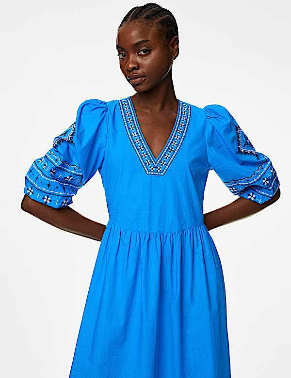 Pure Cotton Embroidered V-Neck Midi Dress - US