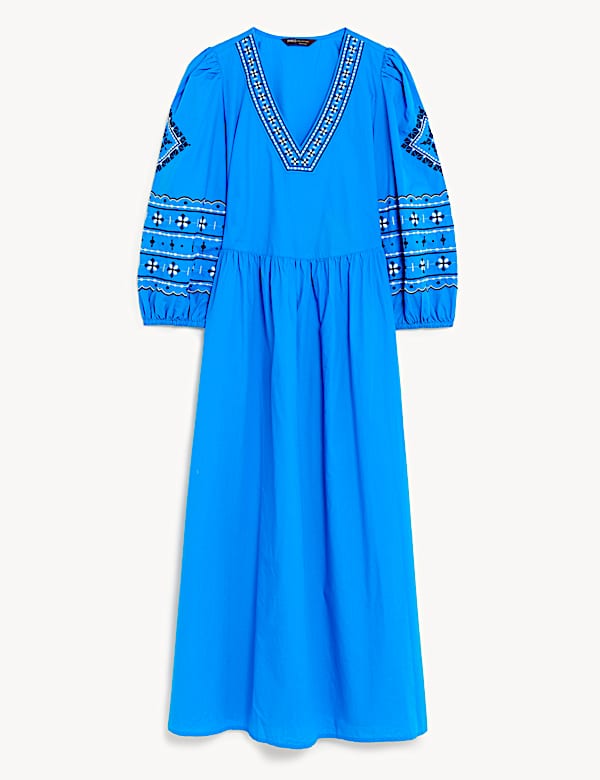 Pure Cotton Embroidered V-Neck Midi Dress - US