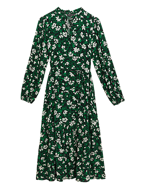 Floral Tie Neck Belted Midi Tiered Dress
