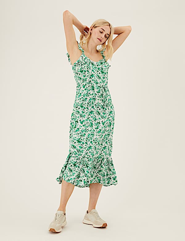 Floral Square Neck Midi Waisted Dress