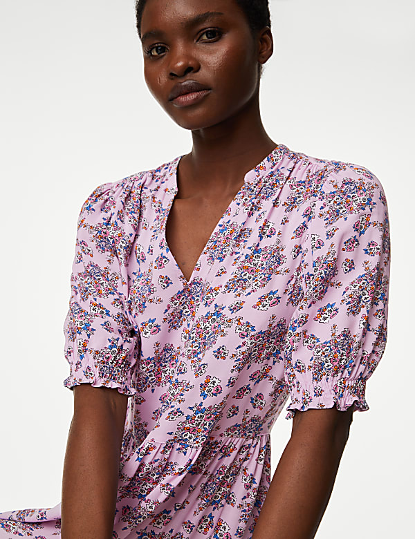 Printed V-Neck Knee Length Tiered Dress
