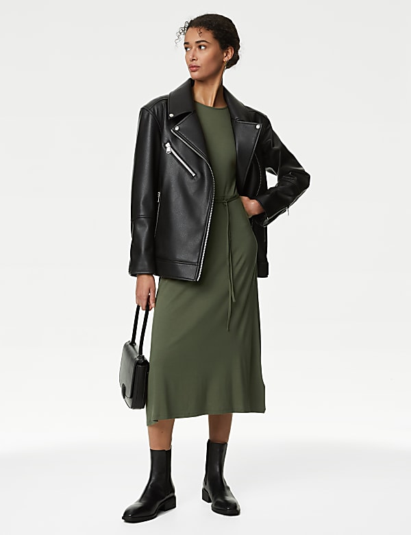 Jersey Round Neck Tie Waist Midi Tea Dress