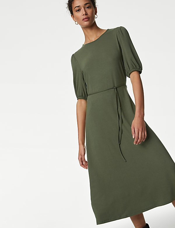 Jersey Round Neck Tie Waist Midi Tea Dress