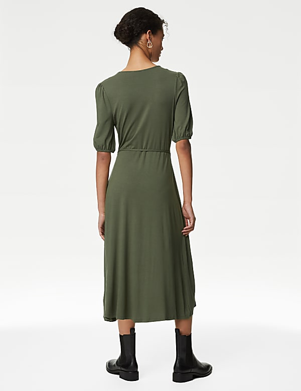 Jersey Round Neck Tie Waist Midi Tea Dress