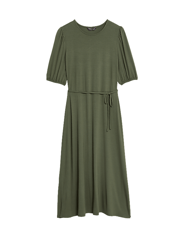 Jersey Round Neck Tie Waist Midi Tea Dress
