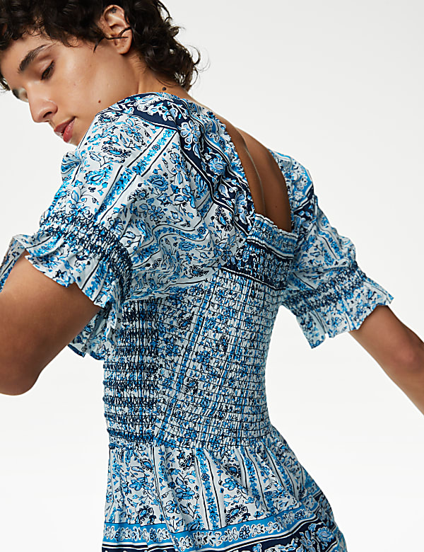 Pure Cotton Printed Square Neck Midi Dress