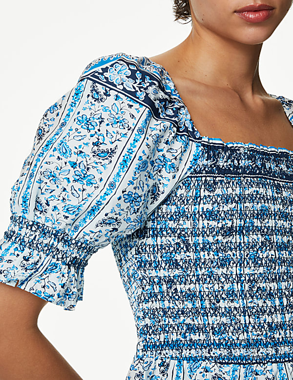 Pure Cotton Printed Square Neck Midi Dress