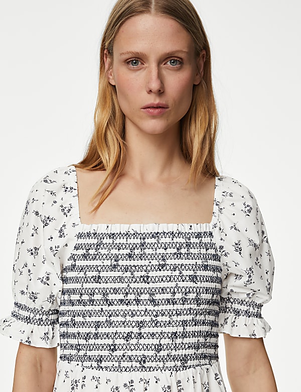Pure Cotton Printed Square Neck Midi Dress