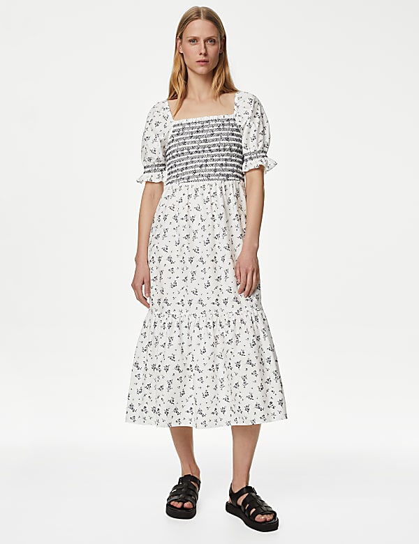 Pure Cotton Printed Square Neck Midi Dress