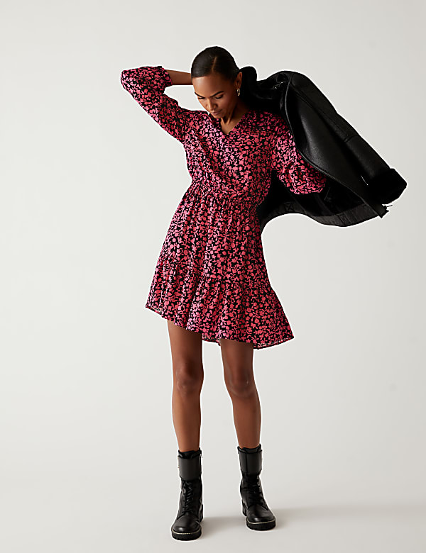 Floral V-Neck Mini Waisted Dress