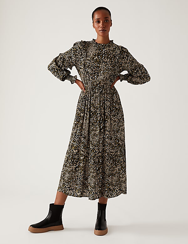 Animal Print Round Neck Midi Waisted Dress
