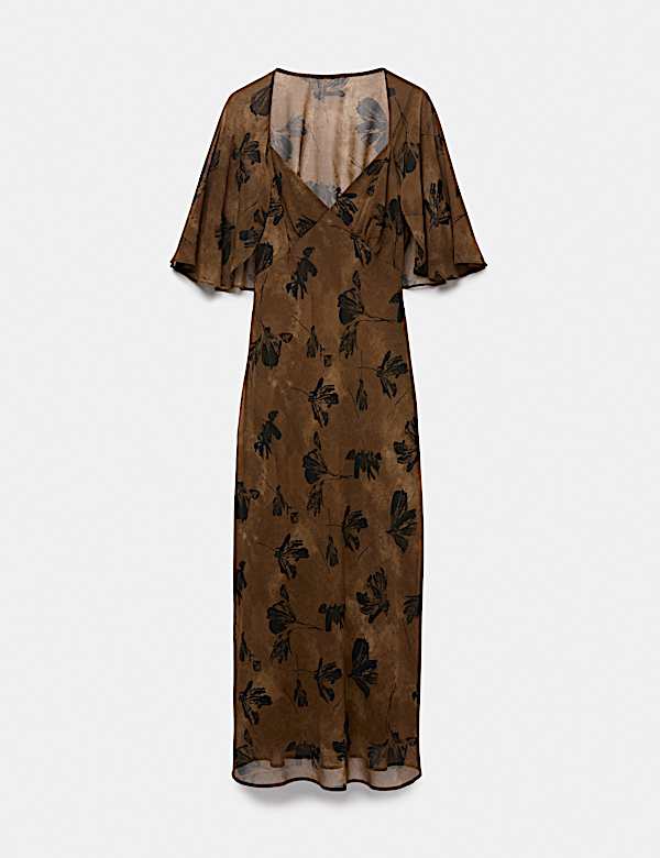 Floral Cape V-Neck Maxi Tea Dress - AL