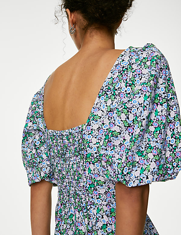 Cotton Blend Floral Square Neck Midi Dress