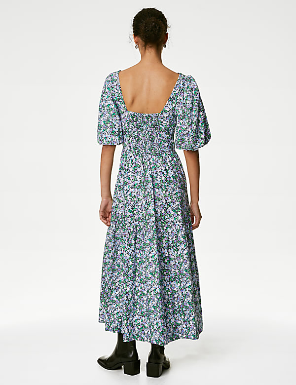 Cotton Blend Floral Square Neck Midi Dress