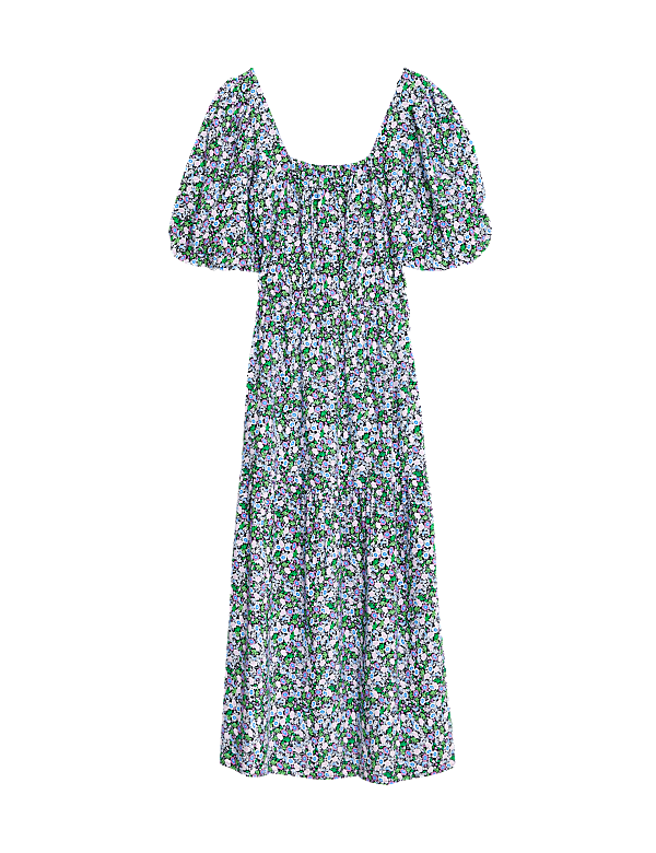 Cotton Blend Floral Square Neck Midi Dress