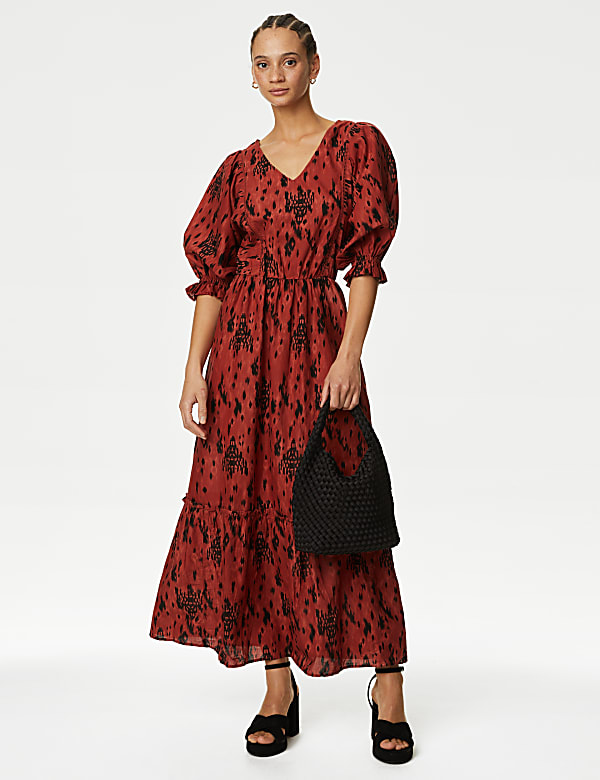 Pure Cotton Printed V-Neck Midi Dress - TW