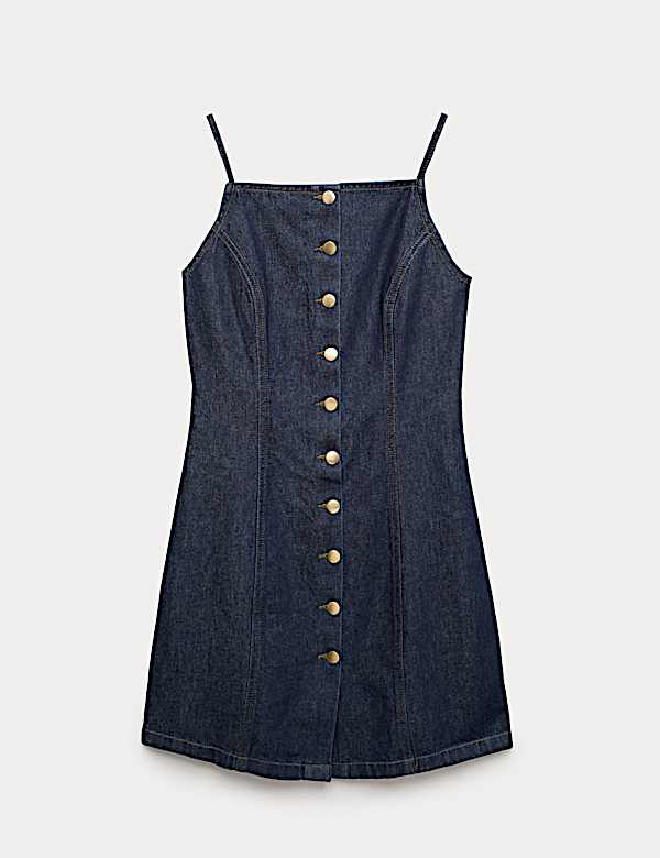 Robe tube courte en jean &agrave; bretelles et fermeture boutonn&eacute;e - LU