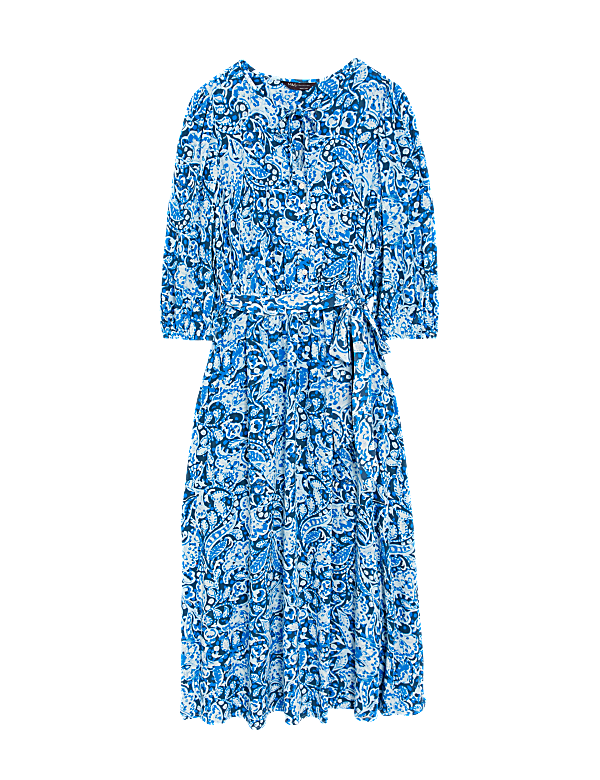 Printed Tie Neck Belted Maxi Tiered Dress