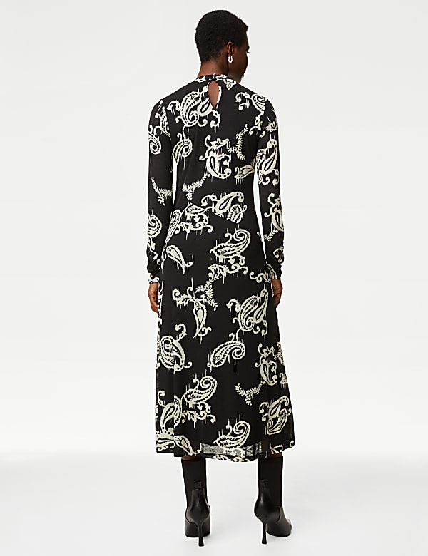 Jersey Printed Mesh Funnel Neck Midi Dress - EE