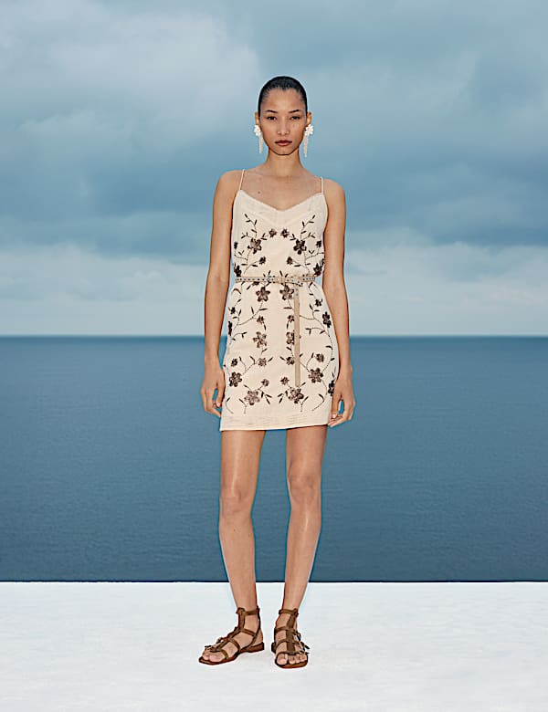 Pure Cotton Embellished V-Neck Mini Cami Dress