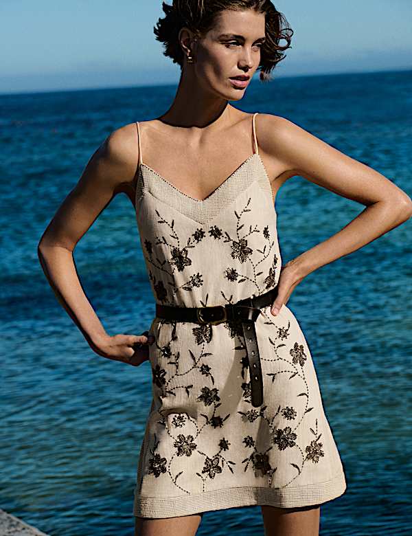 Pure Cotton Embellished V-Neck Mini Cami Dress