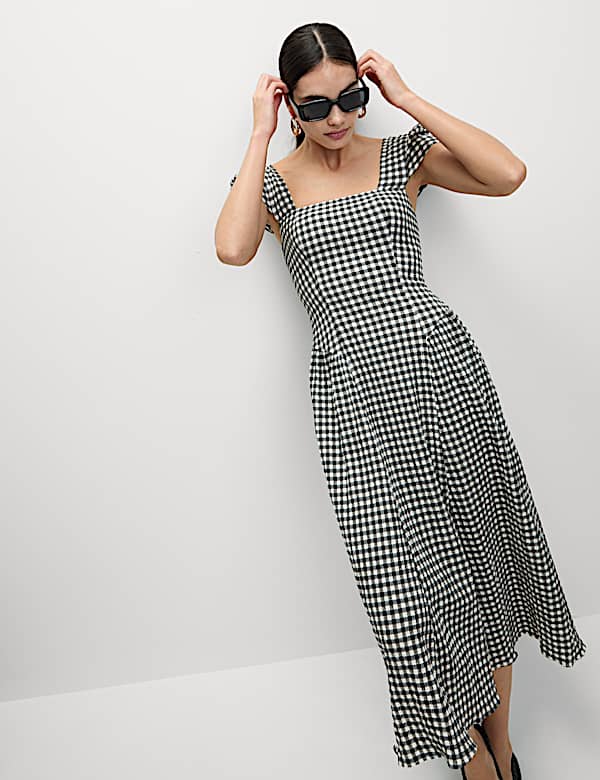 Cotton Rich Gingham Square Neck Midi Dress - JE