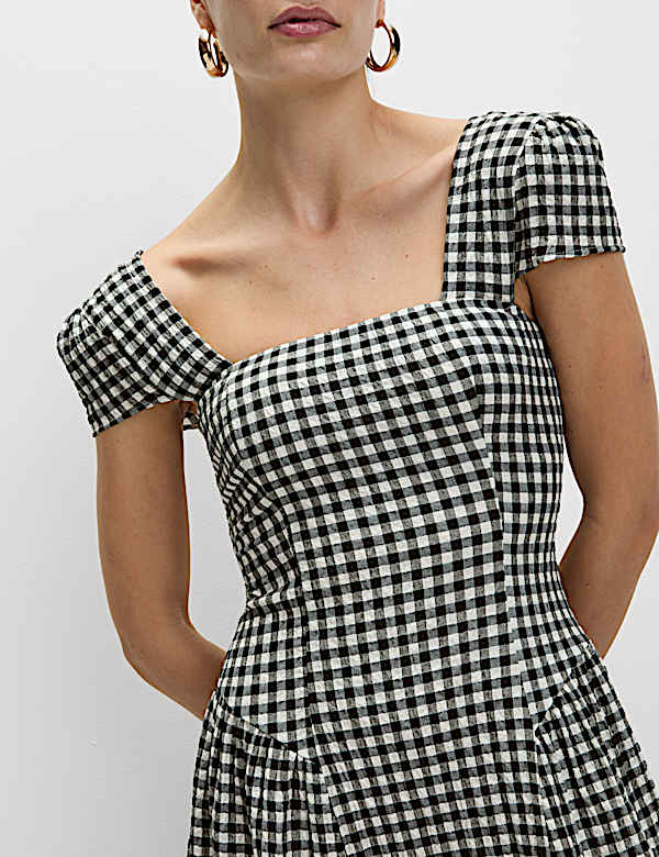 Cotton Rich Gingham Square Neck Midi Dress - JE