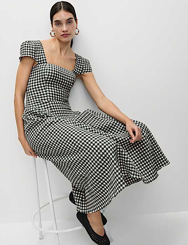 Cotton Rich Gingham Square Neck Midi Dress - JE