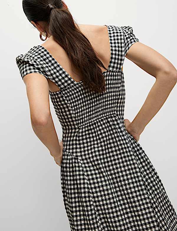 Cotton Rich Gingham Square Neck Midi Dress - JE