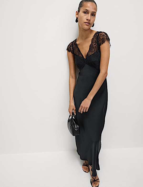 Lace V-Neck Midi Slip Dress - DE