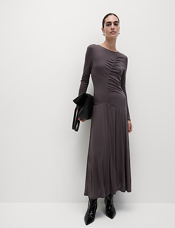 Mesh Jersey Ruched Midi Column Dress - IL