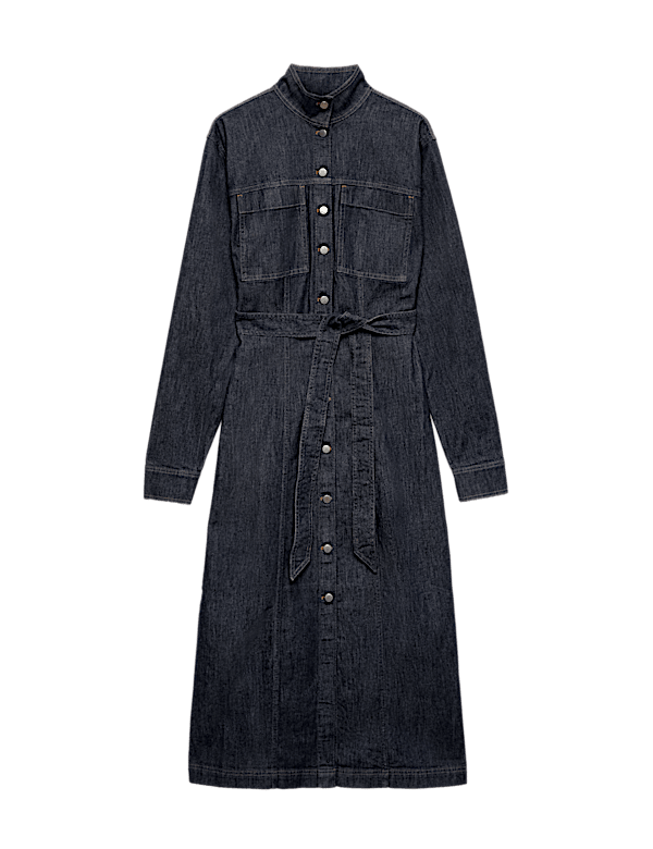 Denim Funnel Neck Midi Column Dress