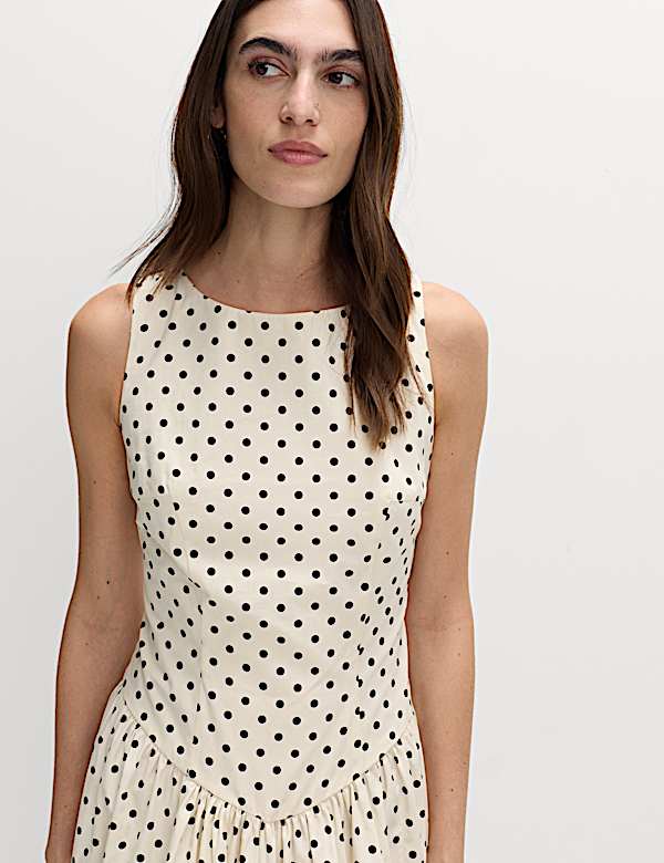 Polka Dot Round Neck Midaxi Waisted Dress - SK