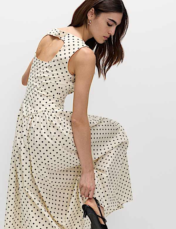 Polka Dot Round Neck Midaxi Waisted Dress - SK
