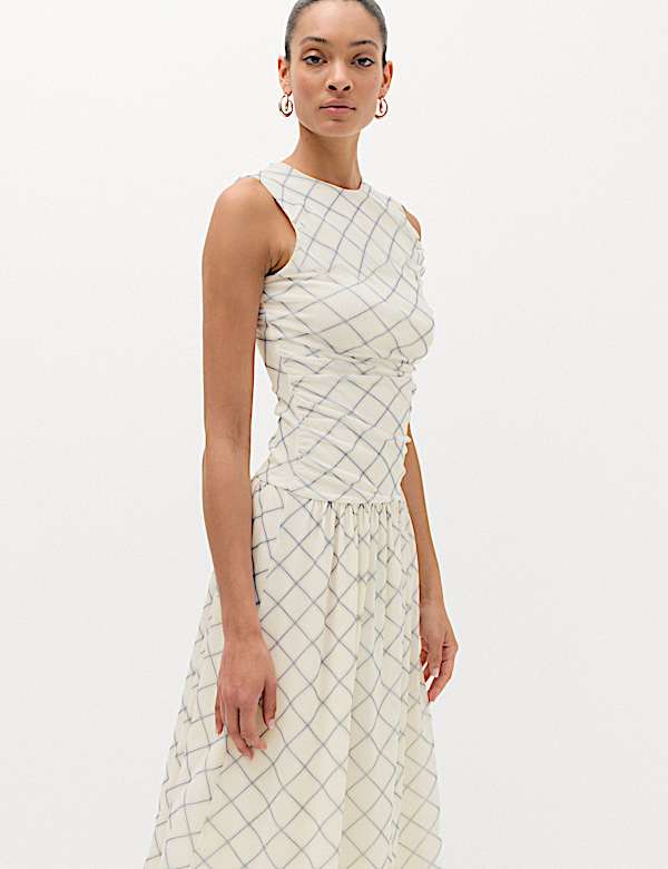 Mesh Checked Midi Dropped Waist Dress - HU