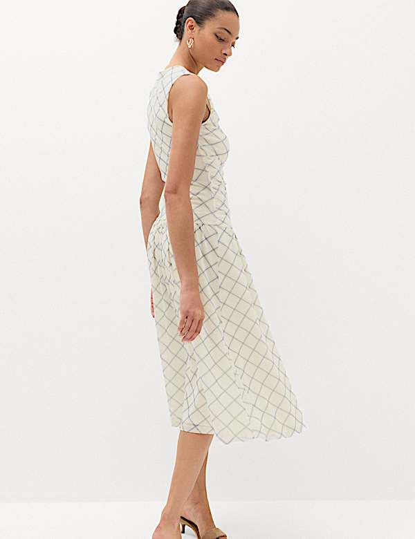 Mesh Checked Midi Dropped Waist Dress - HU