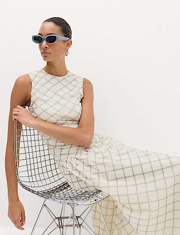Mesh Checked Midi Dropped Waist Dress - HU
