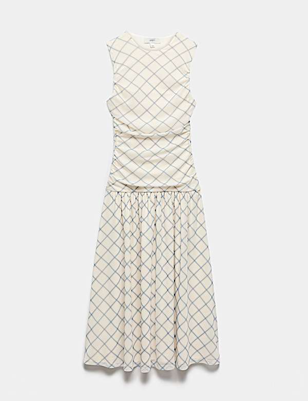 Mesh Checked Midi Dropped Waist Dress - HU