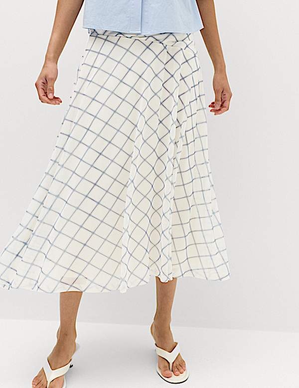 Mesh Checked Midi A-Line Skirt - HU