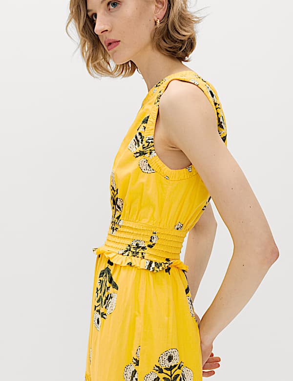 Pure Cotton Floral Midi Waisted Dress - UA