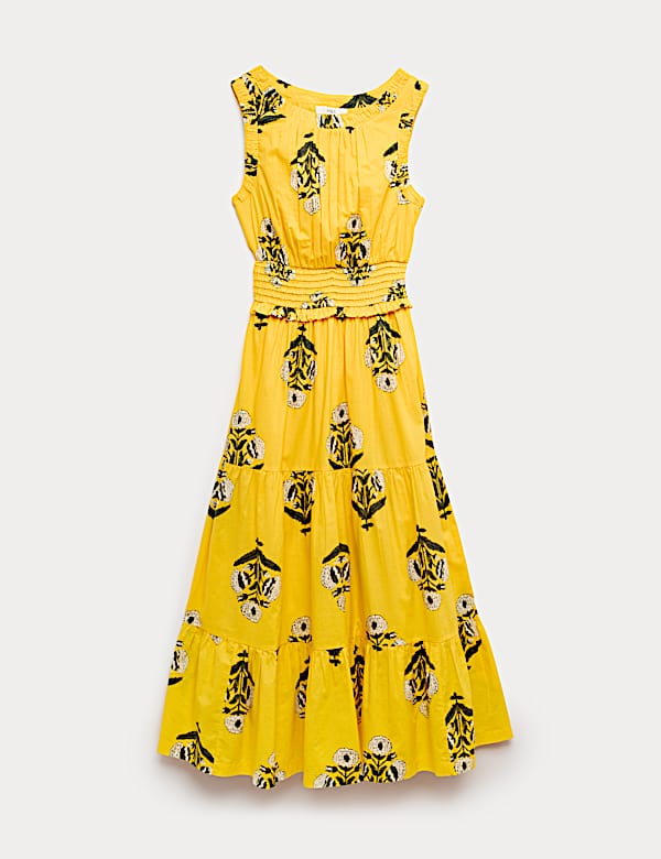 Pure Cotton Floral Midi Waisted Dress