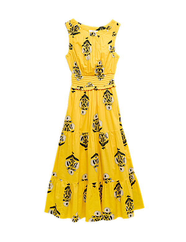 Pure Cotton Floral Midi Waisted Dress