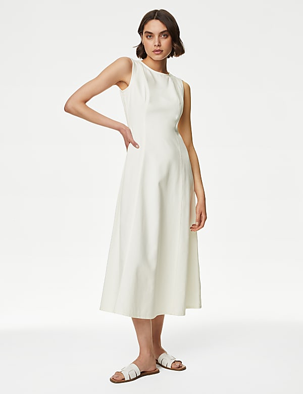 Denim Round Neck Midi Shift Dress IVORY Dresses M S BE